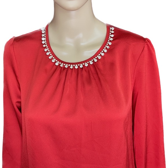 Liz Claiborne Career Petite True Red Jeweled Diamond Collar Blouse Size Medium - Picture 3 of 6